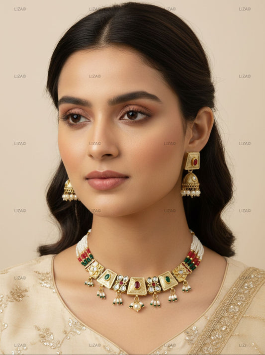 LZ-17 Pearl Kundan Necklace Set with Jhumka Earrings