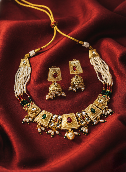 LZ-17 Pearl Kundan Necklace Set with Jhumka Earrings