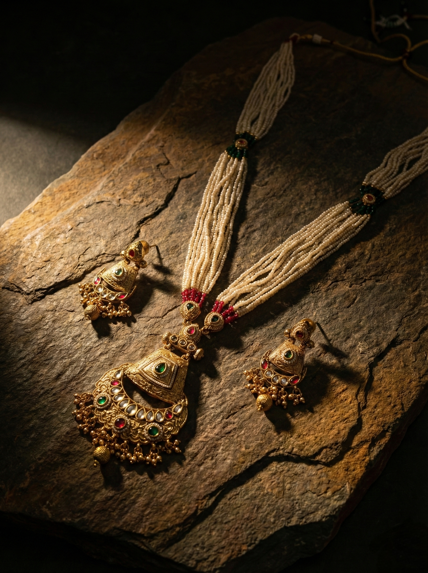 LZ-63 Long Pearl Rani Haar Necklace Set with Kundan & Meenakari Pendant