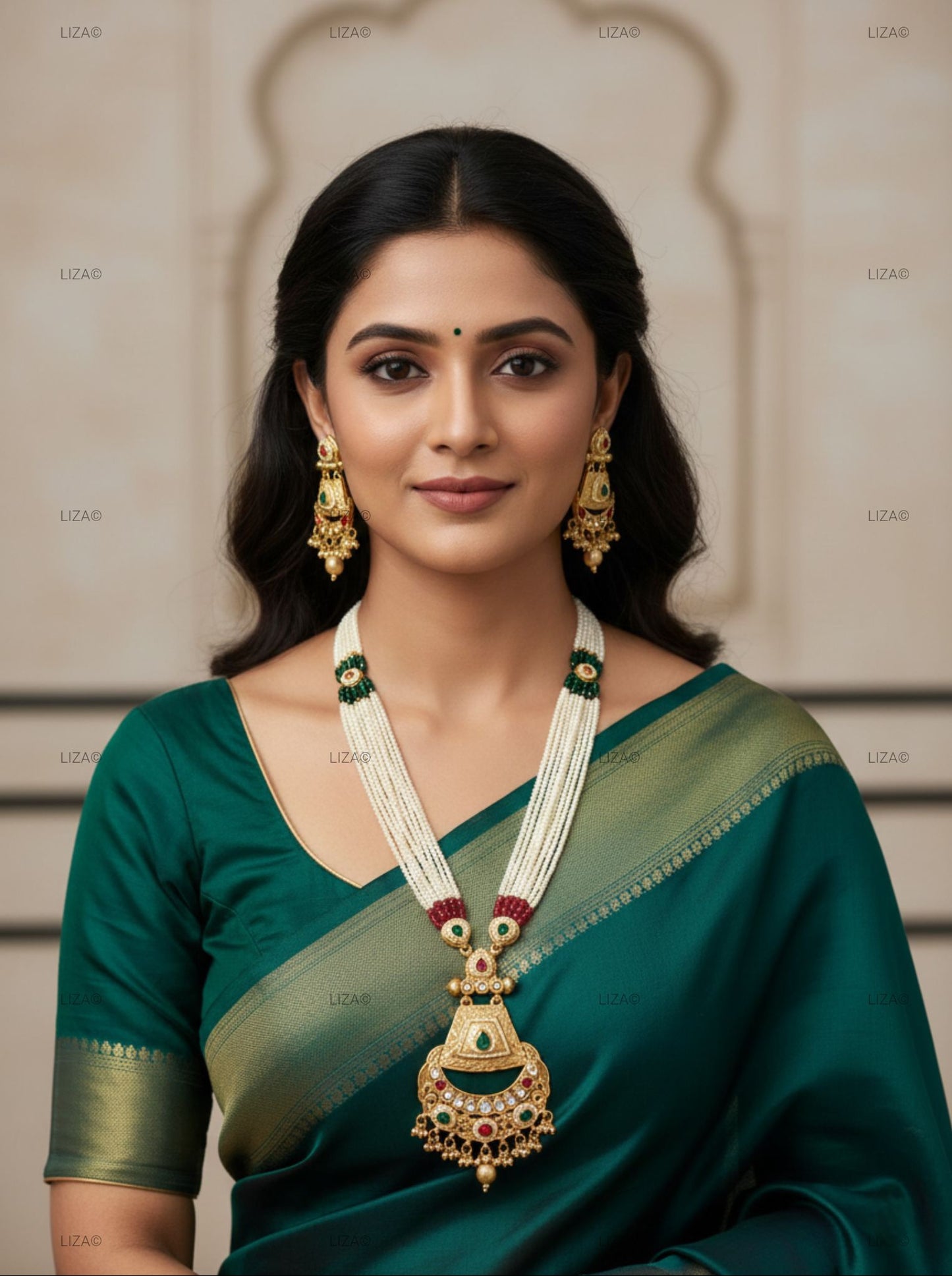 LZ-63 Long Pearl Rani Haar Necklace Set with Kundan & Meenakari Pendant