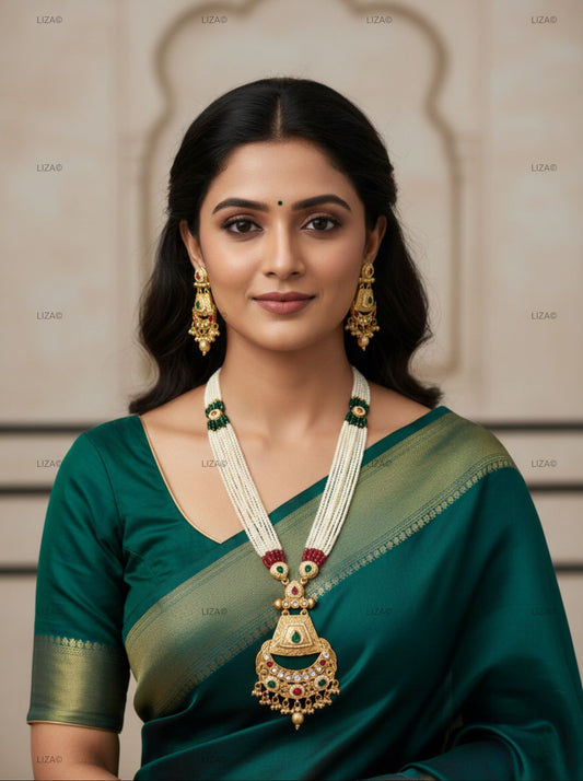 LZ-63 Long Pearl Rani Haar Necklace Set with Kundan & Meenakari Pendant