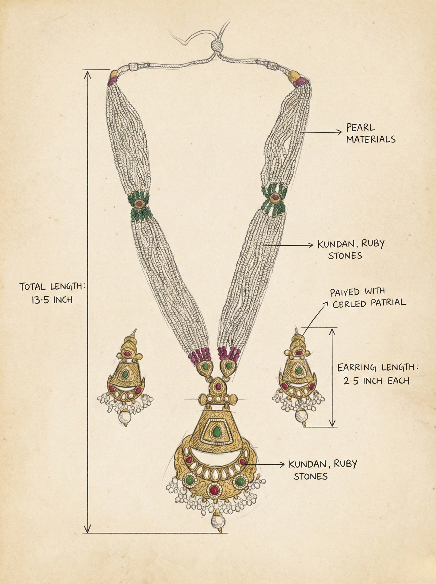 LZ-63 Long Pearl Rani Haar Necklace Set with Kundan & Meenakari Pendant